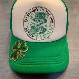 Green and White Trucker Hat with Shamrock Design